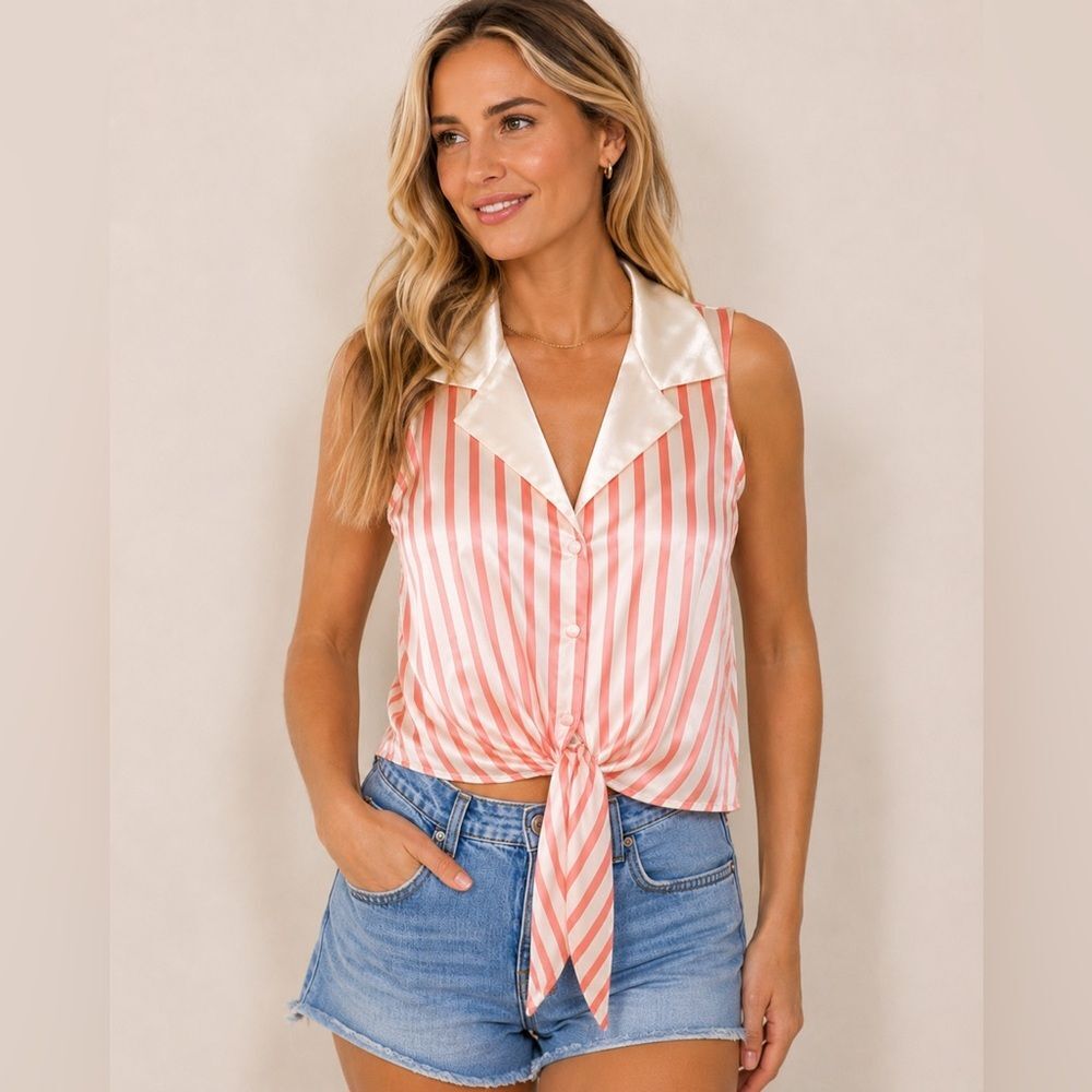 Vintage *RARE* Victorias Secret Striped Tie-Front Satiny Shirt Size L